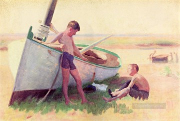  barco Lienzo - Dos niños en un barco cerca de Cape May naturalista Thomas Pollock Anshutz